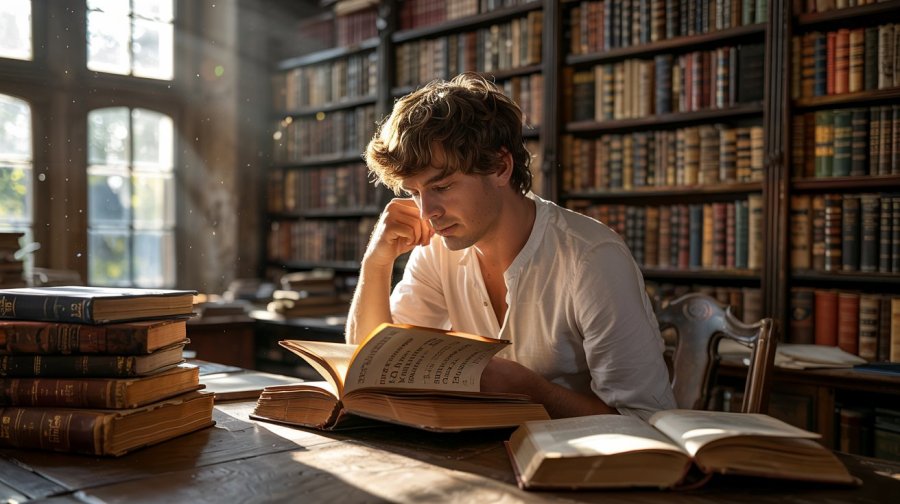 fantasy image - He thought back to his studies, sunlight slanting through the tall windows of the library as he breathed in the scents of ink and paper, explored the texts, and dreamed of faraway lands. Ideogram image