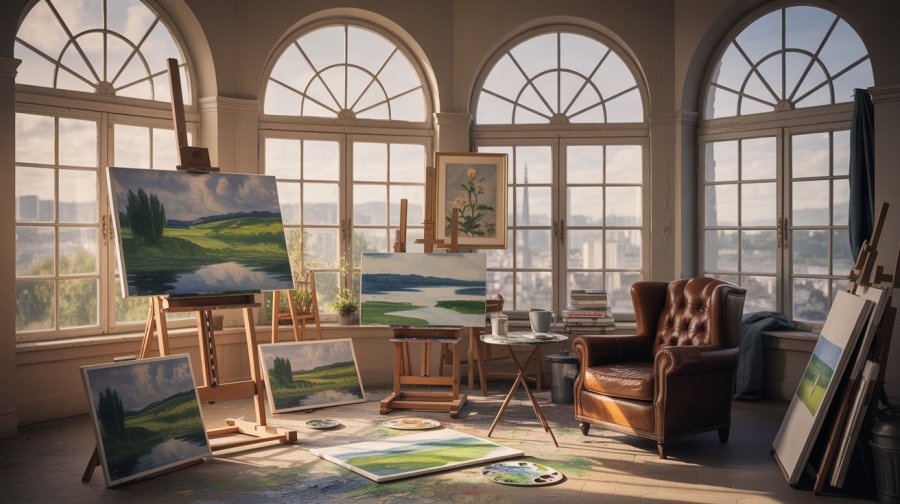 A small painting studio with large windows overlooking buildings, the studio has watercolour landscape paintings in various stages of completion scattered about it Ideogram image