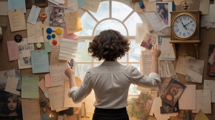 a whimsical fantasy picture of a female writer with dark brown curly hair, shown from behind, looking busy rearranging notes, lists, tokens, and pictures on a large wall, with a clock to one side Ideogram image