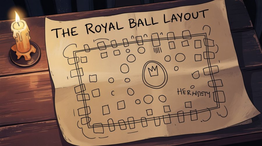 a badly-drawn diagram of a room, seen from above, with squares representing doors and windows, and round blobs scattered across the diagram, with squiggly lines connecting some of them. One of the blobs has a badly-drawn crown on it. It's meant to be the layout for a ball, but is a mess Ideogram image