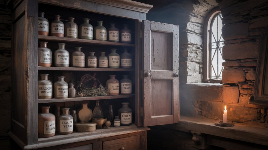 historical fantasy style, a large wooden cupboard in a room with stone walls. The cupboard door is half open, showing shelves of mismatched glass bottles and pottery jars with hand-lettered labels. ideogram image