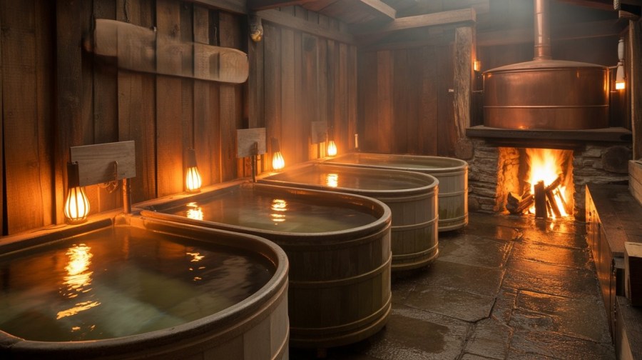 Historical fantasy image of the interior of a large, warm, rustic wooden bath house at night. There are large wooden tubs set up along the side of the room, and a large fire heating a copper reservoir of water at the far end Ideogram image