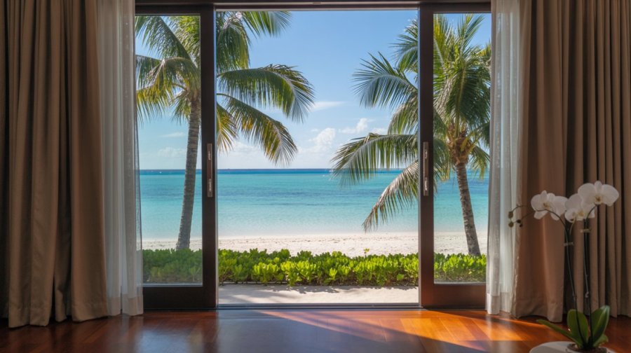 An idyllic tropical beach with palm trees, seen through the windows of a luxurious hotel room Ideogram image
