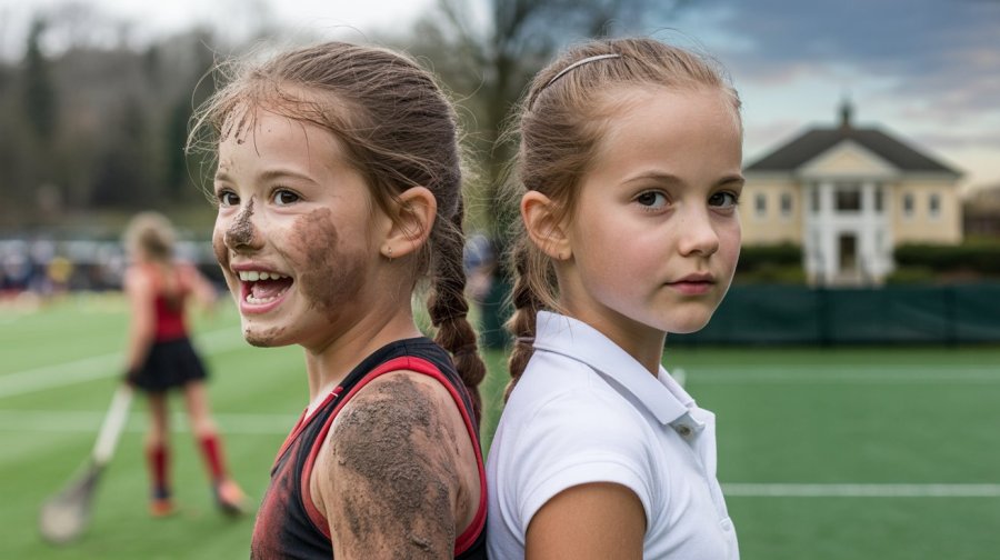 An image of two identical girls, like mirror reflections. one girl is a muddy, happy field hockey player, with a hockey game in her background. the other, with the same colouring and features but a serious expression is in tennis gear with a fancy club tennis court behind her.