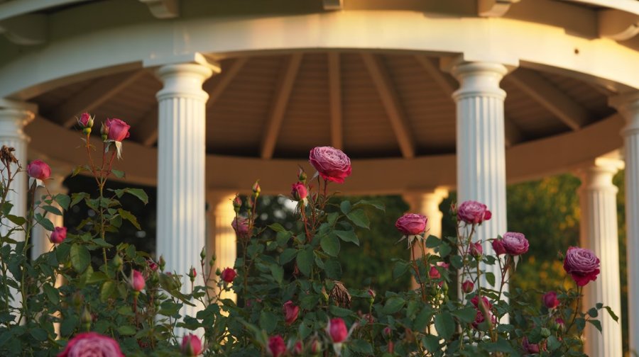 A flower bed full of lush rose bushes, there are only a few blooms left. Behind the roses is a raised wooden pergola, it's round and white-painted with narrow pillars holding up a domed roof Ideogram image