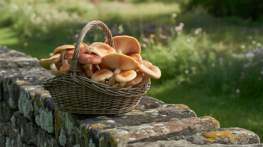 A basket of bolene mushrooms on a knee-high weathered stone wall in a country garden Ideogram image
