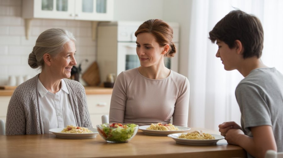 A stylish but kind grandmother, a quietly competent mother, and a tall, quiet teenage boy having lunch together in a small but nice modern kitchen Ideogram image
