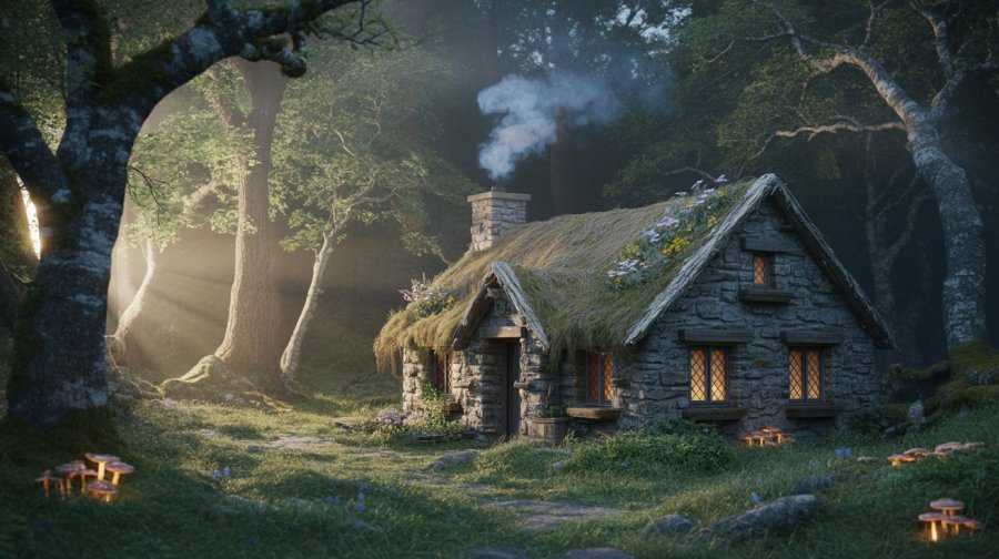 fantasy cinematic photo of a simple stone cottage in a forest clearing. Ideogram image