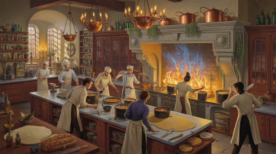A warm bustling fantasy kitchen in a wealthy city manor Ideogram image
