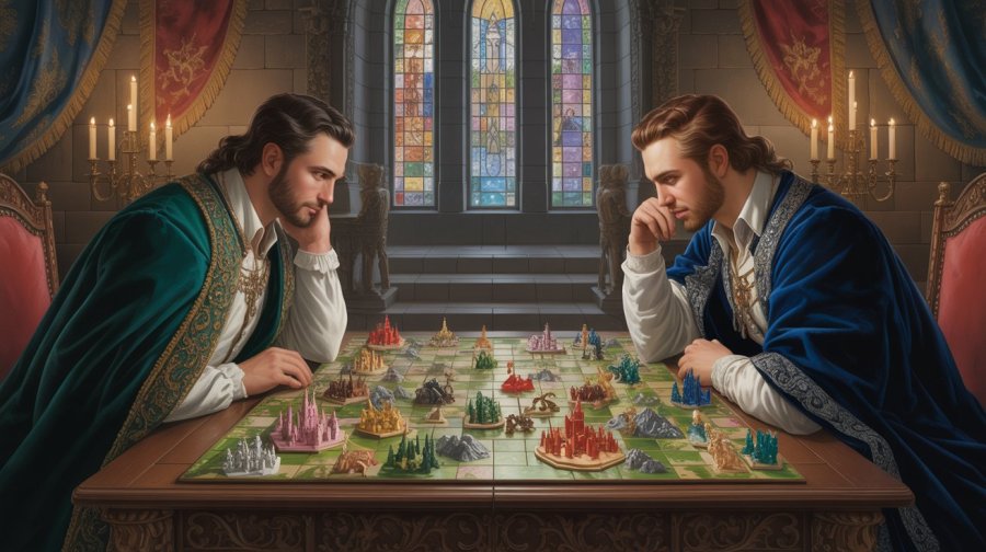 Fantasy historical image of two princes playing an ornate strategy game similar to Civilizations Ideogram image