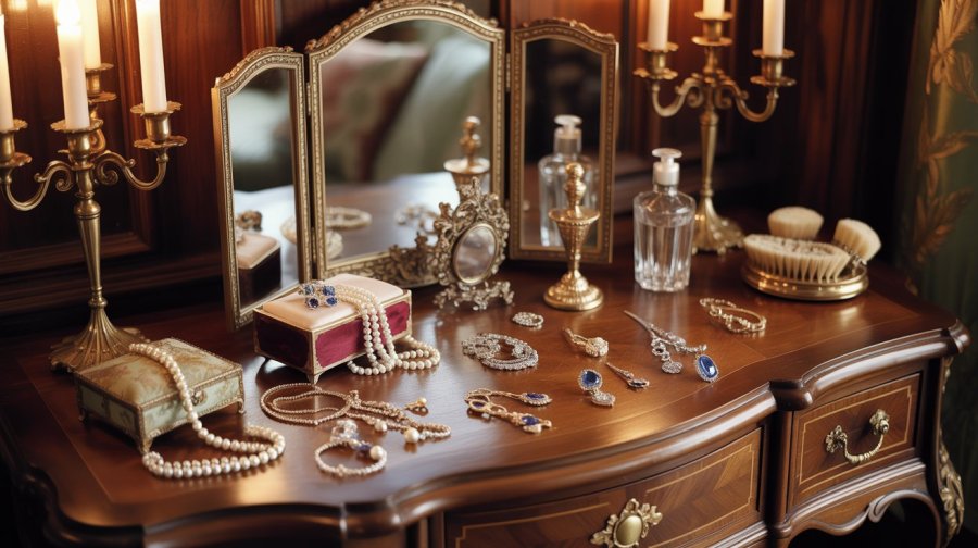 fantasy regency era noble woman's dressing table with jewellery scattered across it Ideogram image