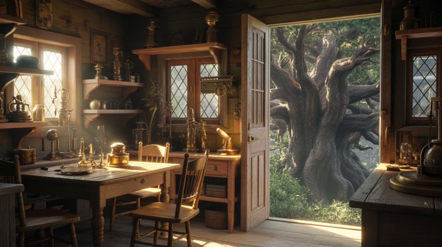 historical fantasy image of a cottage interior in daylight, one large room with a mix of battered, sturdy furniture and strange gadgets. The room cosy, but the tall growth of the forest outside, seen through the small windows and narrow open door, feels like it's hemming it in, looming above it Ideogram image