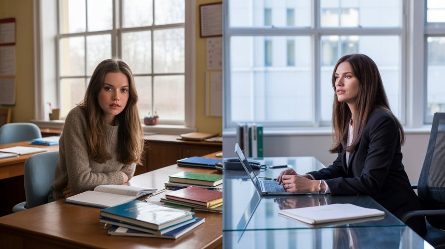A symmetrical, dramatic portrait photograph showcases the same woman at different ages positioned directly across from each other, creating a striking mirrored effect. On the left, she is a teenager in a school classroom. On the right she is an adult in a corporate office. The two environments, while clearly different, show subtle mirroring in their setup Ideogram image