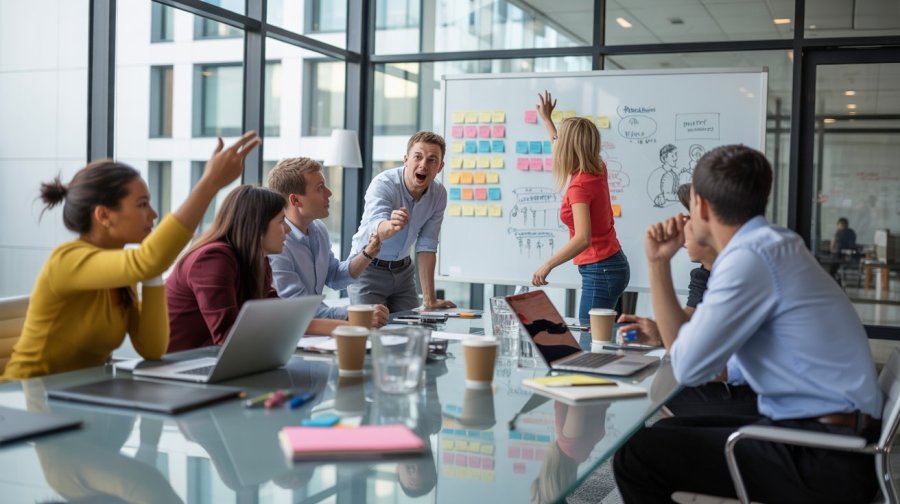 A group of people in a creative agency boardroom, brainstorming about a work experience plan Ideogram image