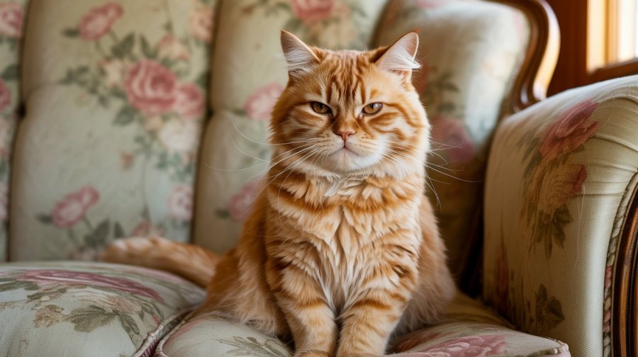a grumpy looking orange tabby cat, sitting on a faded floral sofa Ideogram image