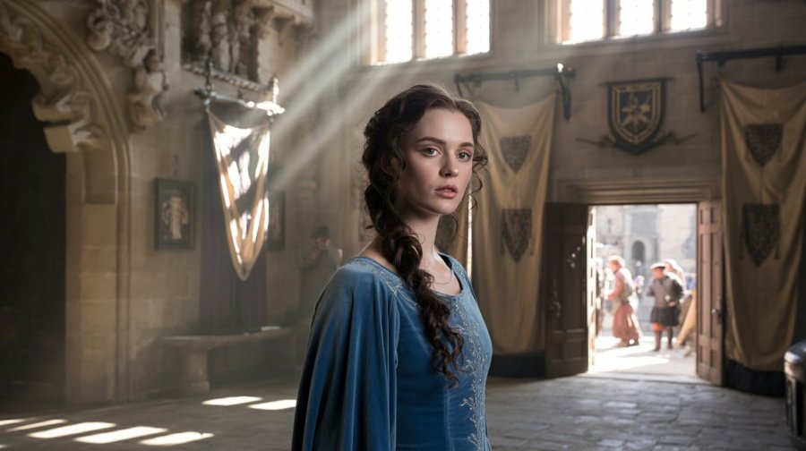 A dramatic, cinematic portrait of a young woman with dark, wavy hair in a long plait, standing in the great hall of a formidable medieval castle. She is the "Lady of Blackwood Keep" and wears a flowing, midnight blue dress. Sunlight streams through arched windows high above, illuminating her pale skin and the intricate carvings on the stone walls, while a busy medieval courtyard is visible through an open door at one end of the hall. Ideogram image