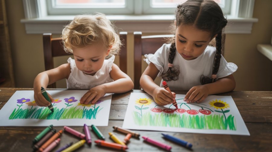 two little girls, one 2 years old, one 3 years old drawing pictures of gardens at a kitchen table Ideogram image
