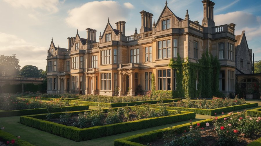 cinematic photo of a grand and beautiful English county house with landscaped gardens. It's a bright, sunny day, but something feels a little unsettling in the scene Ideogram image