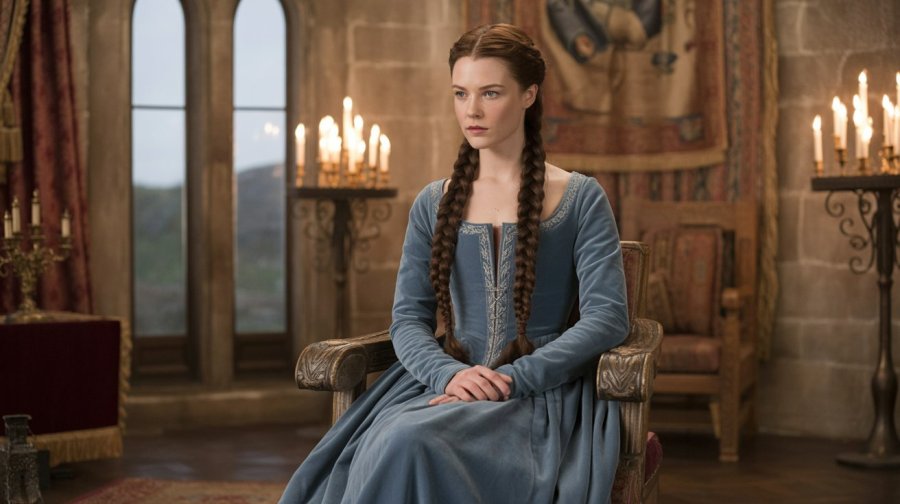 young woman with dark hair, wearing a long, midnight blue gown sitting in a medieval-style sitting room in a tower of a stone castle. medieval setting and she is the lady of the castle. Ideogram image