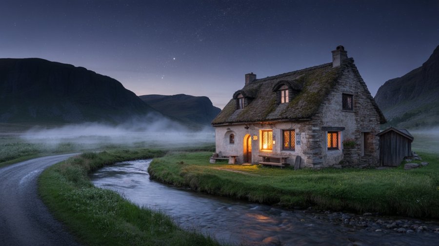 A cinematic wide-angle view of a charming medieval stone teashop nestled in a moonlit meadow between dirt road and a gently flowing mountain river. The small building features rough-hewn granite walls, a thatched roof with dormer windows, and arched wooden doors, with warm golden light spilling from diamond-paned windows on the ground floor. Ethereal mist drifts across the grass and swirls around the building's foundation, while the dark silhouettes of towering mountains loom in the background under a star-filled night sky. The river reflects the shop's inviting glow and the silver moonlight, creating a magical atmosphere of refuge and warmth in the wilderness. Ideogram image
