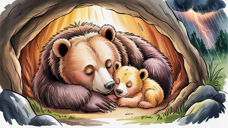 a beautiful, detailed illustration from a children's book of a mother bear and baby bear curled up together, sleeping, in a warm cave while a storm rages outside Ideogram image