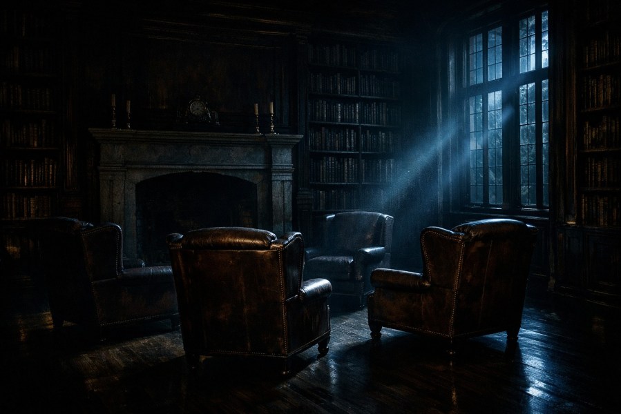 Old-fashioned library in a grand English country house at midnight, vast dark room lined with towering bookshelves, four deep brown leather armchairs facing away from the viewer arranged around an unlit stone fireplace, cold silver moonlight streaming through tall mullioned windows, sharp beams of light cutting through dust in the air, strong chiaroscuro lighting, heavy shadows swallowing most of the room, faint glint on polished wood and brass details, dramatic cinematic composition, ultra-detailed, realistic, 16:9 aspect ratio Chat GPT image