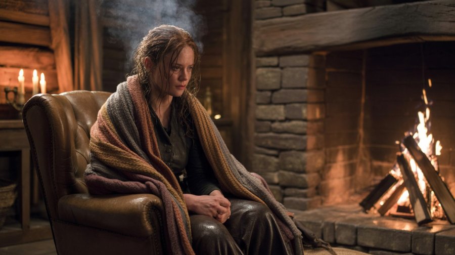 cinematic photograph historical fantasy, an exhausted looking woman in wet clothing sitting in a comfortable chair beside a fire in a stone hearth in a cottage with a warm, dry woollen blanket around her shoulders Ideogram image