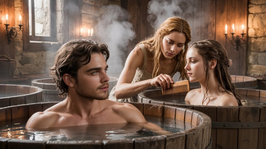 historical fantasy image of a large bathing house with wooden tubs as baths, in one tub is a young man with tousled brown hair and stubble on his jaw, in another is a young woman with long brown hair. The woman's hair is being combed by another young woman, this one with blonde hair Ideogram image