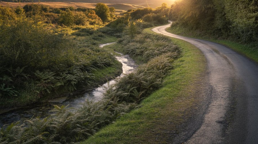 a country road at sunset, with a sudden dip, then swerve alongside undergrowth and a large stream Ideogram image
