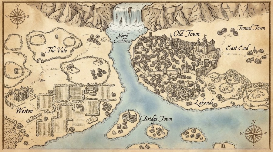an old map of a city, with a waterfall at the top, a lake at the bottom, an old, medieval/renaissance style city on the right, and country estates, villages, and farms on the left Ideogram image from an Inkarnate map