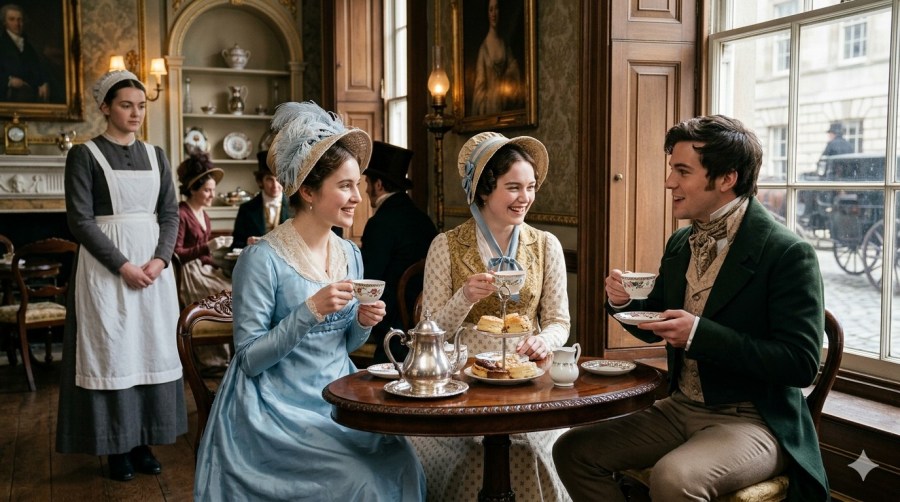 cinematic photograph of two young women in Regency dress having tea in a high-end Regency era teashop with a young man. A maid stand in the background as chaperone Nano Banana image