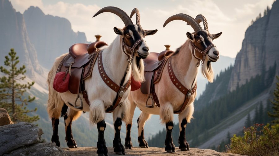 Two large goats saddled and bridled for riding Ideogram image