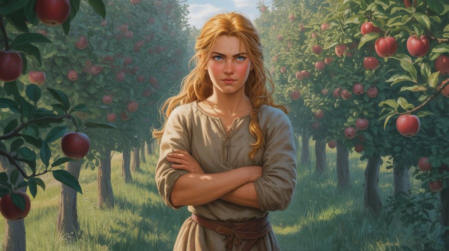Fantasy novel image of a young village woman in simple clothing, standing in an apple orchard. She has long blonde hair, blue eyes and a stubborn look on her face Ideogram image