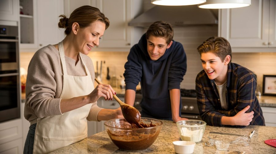 A woman mixing a chocolate cake in a large, comfortable, modern kitchen, two tall young men, around 16 years old, are standing nearby looking interested Ideogram image