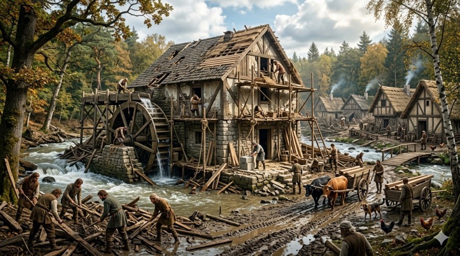 A riverside watermill in a forest village, being repaired and tidied after the river has flooded and damaged the building. historical fantasy Nano Banana image