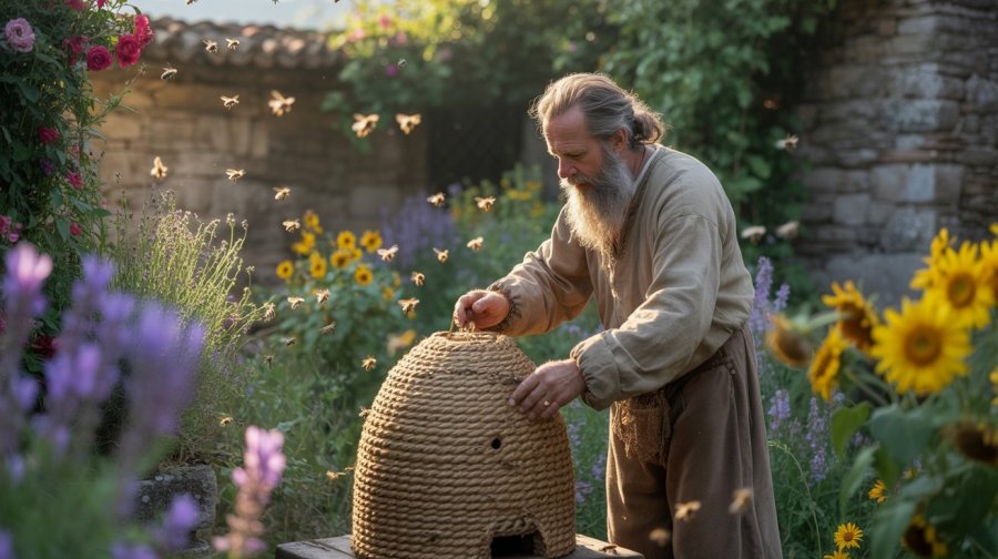photorealistic image, historical fantasy, an old man tending old-style beehives in a flower-filled garden Ideogram image