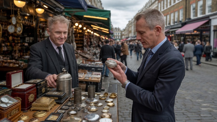 photo of a man shopping at a London street stall. The stall is run by a rough but honest-looking trader, and sells trinkets such as antique snuff and jewellery boxes, pewter mugs and pocket watches Ideogram image edited in ChatGPT