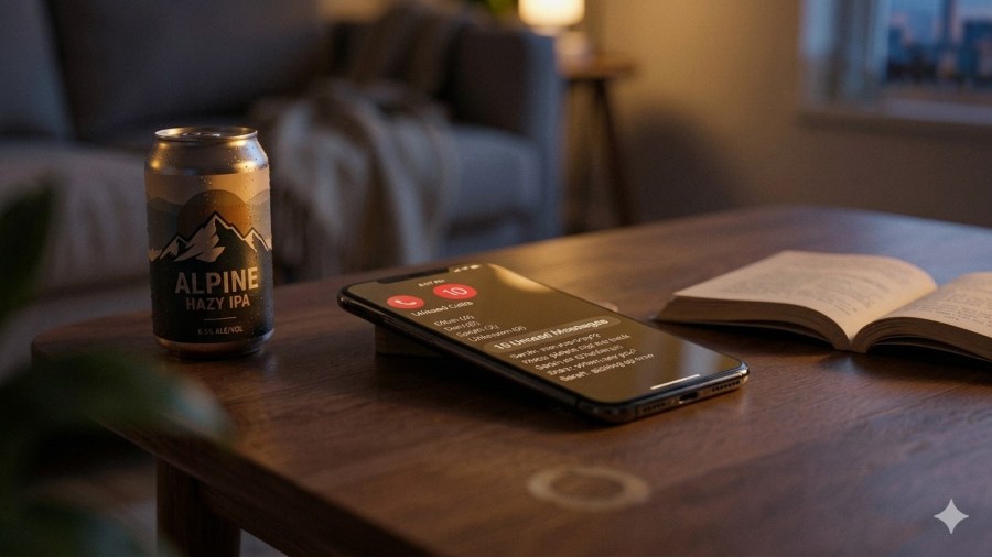 A close-up photograph of a phone sitting on a coffee table in a comfortable sitting room. The phone screen shows 10 missed calls and 15 unread message notifications. Ideogram and Gemini