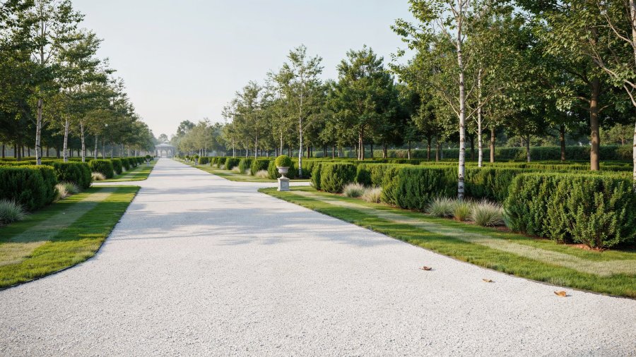 landscape photograph of a pristine white gravel road running through park-like surrounds, very beautiful in a carefully designed and manicured way Ideogram image