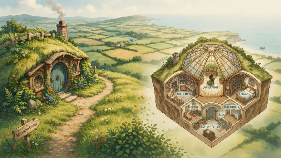 A fantasy witch's cottage set into the top of a hill, a bit like a hobbit hole. The hill is quite tall and overlooks gently rolling farmland, with a distant view of the sea. The cottage is deceptively simple from the outside, but a map-style view from above shows a large, comfortable home with a large, sun-filled conservatory at the centre Ideogram image