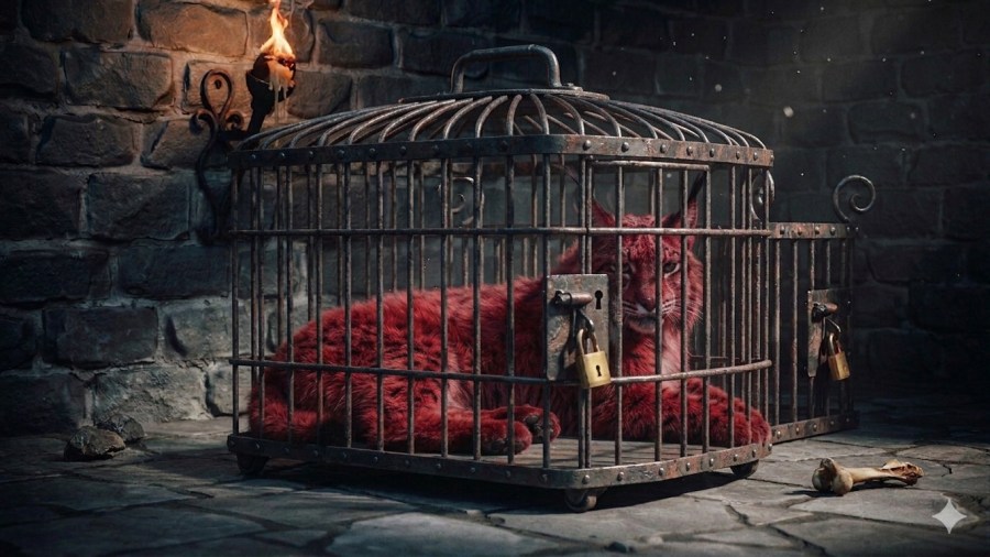 a detailed and cinematic photo of a beautiful, ruby-coloured lynx in a cage against a dark grey stone wall. The lynx is fluffy but with sharp teeth and claws and looks bored and superior to its surrounds Ideogram and Gemini image