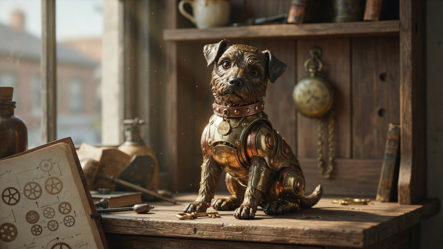 A photo of an intricate, steampunk-style puppy automata, sitting on a shelf in a rustic wooden cupboard Ideogram image