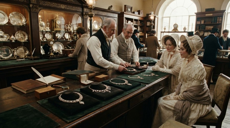 16:9 cinematic photograph of the main counter of Rundell & Bridge jewellers in London in the Regency era. There are several Regency style necklaces on velvet mats on the surface of the counter Gemini image