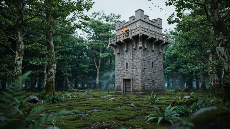 cinematic fantasy photo of a squat, square tower in an old forest clearing. The tower is built of grey-brown stone, and inset at the top storey, providing an open walkway around it at the same height as the treetops. Ideogram image