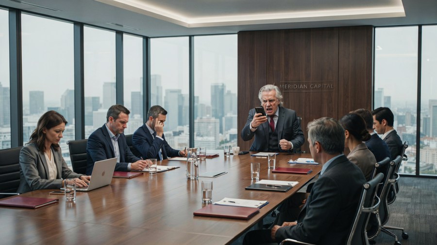 Cinematic photo of an angry old man sitting at the head of a boardroom table, yelling at the mobile phone he's holding in front of him. The other people in the room are silent and nervous Ideogram image