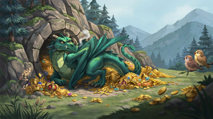 An annoyed-looking dragon trying to fit into a too-small cave in a mountain clearing. There is gold piled up both inside and outside the cave Ideogram image