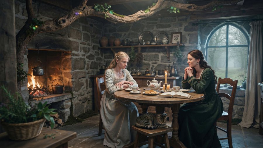 photorealistic picture of a fantasy cottage kitchen, spacious yet cosy, with stone walls and beams formed of living tree roots. At the large, well-used table in the middle, two well-dressed noble young ladies are sitting. The blonde one is perched on the edge of her chair, looking uncomfortable, the other has dark brown hair and is sitting comfortably with her elbows on the table Ideogram image