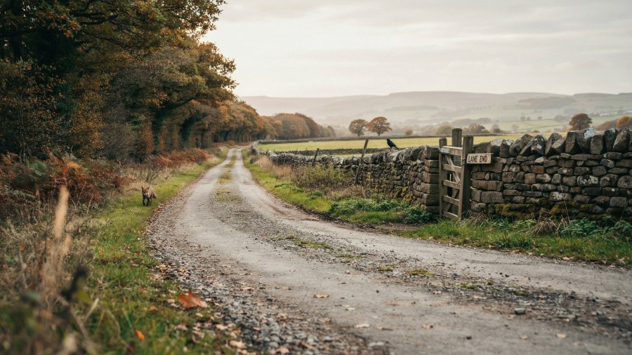 cinematic photo fantasy road, broad and well-travelled, with forest on one side and fields bounded by drystone walls on the other. Ideogram image