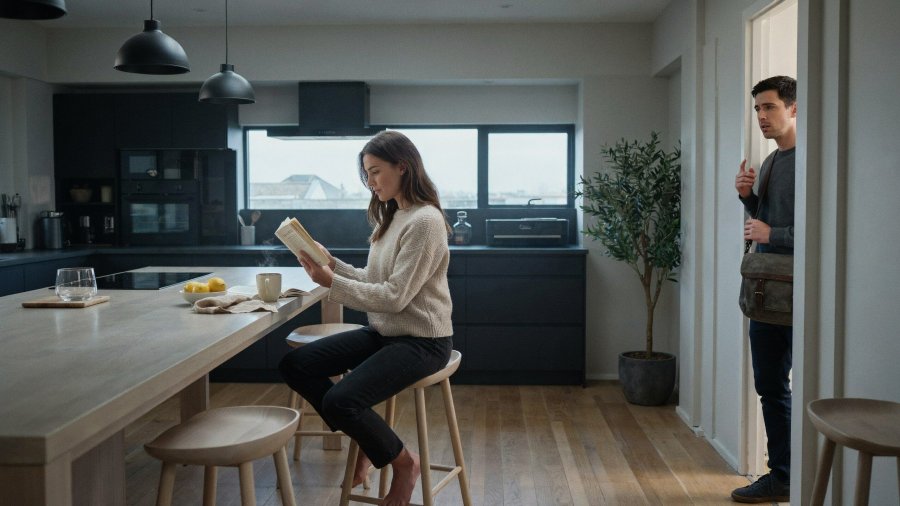 photograph of a modern kitchen with a woman sitting at the table, reading and a man standing awkwardly just inside the doorway Ideogram image