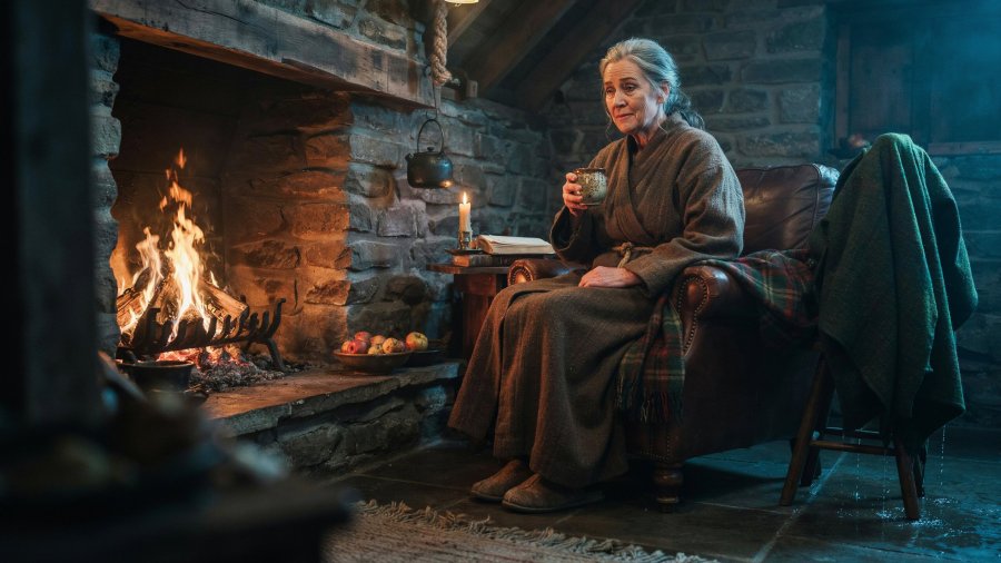an older woman in the plain brown robes sitting in a comfortable chair by a cosy fire in a stone hearth. A wet cloak hangs nearby. She looks tired but content. Ideogram image
